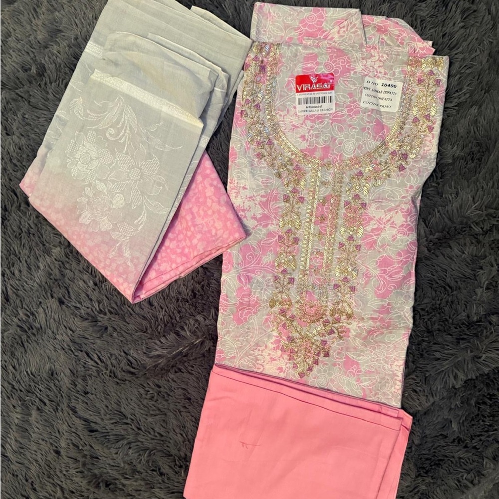 Pink and Gray Embroidered Kurta Set